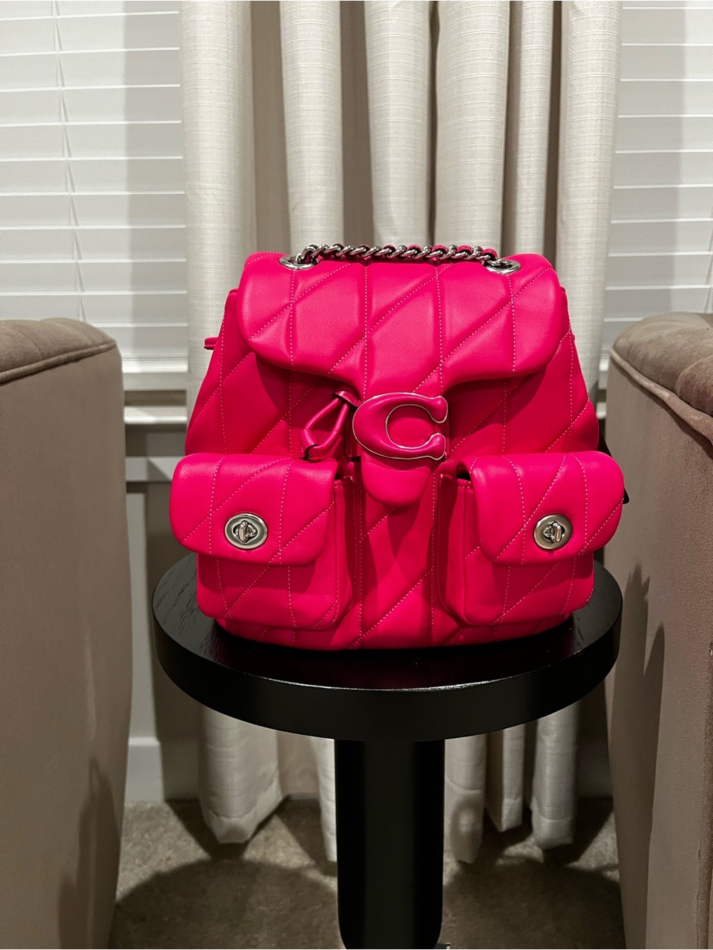Quilted Hot Pink Chain-Handle Women’s Backpack